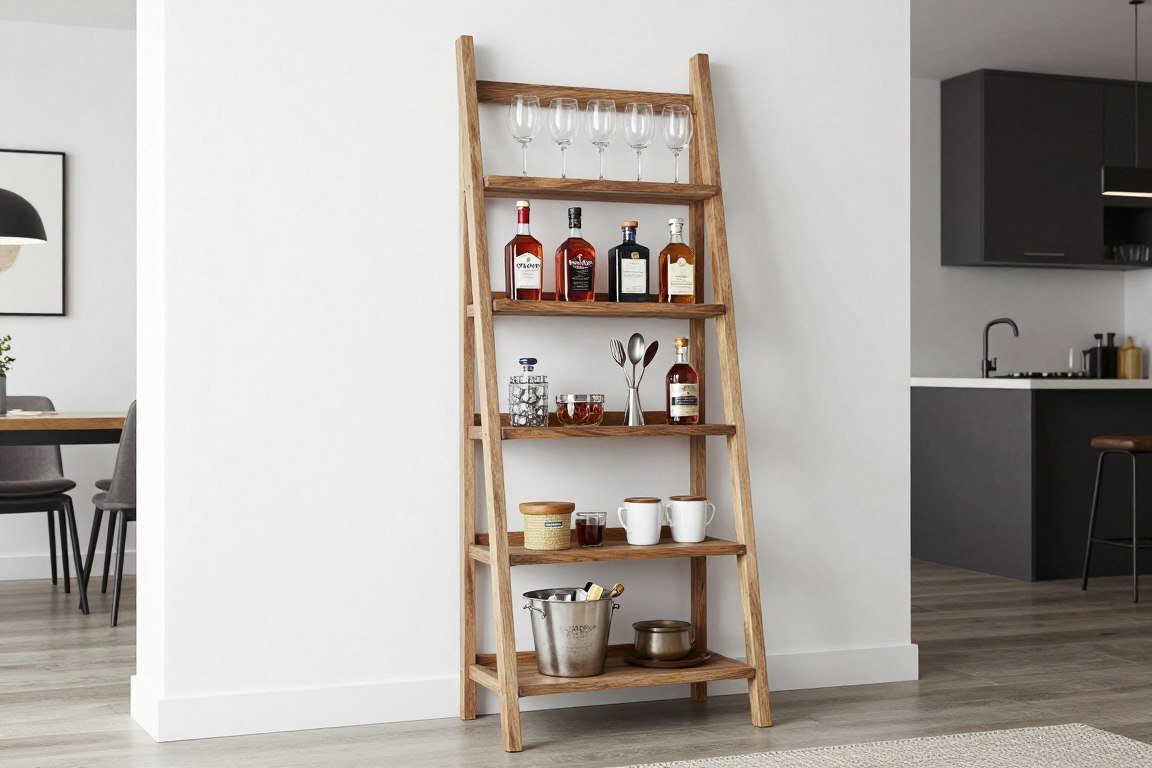 wooden ladder shelf leaning against wall with bar items organized on each tier