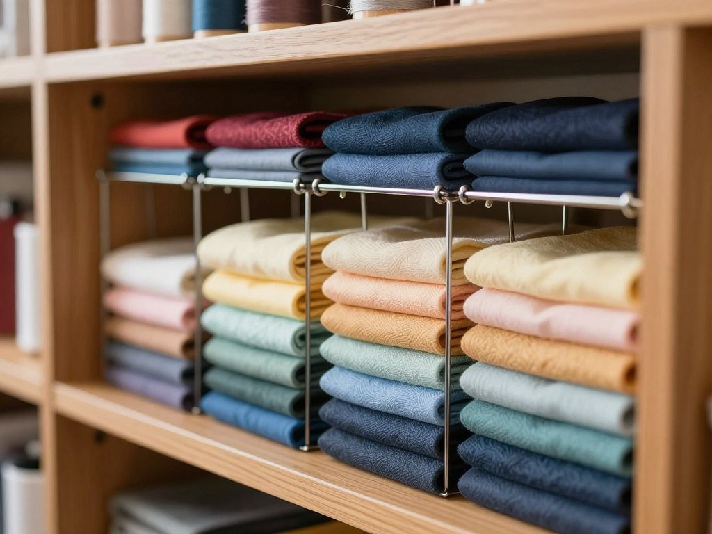 wooden shelf with metal dividers separating folded fabric stacks by color