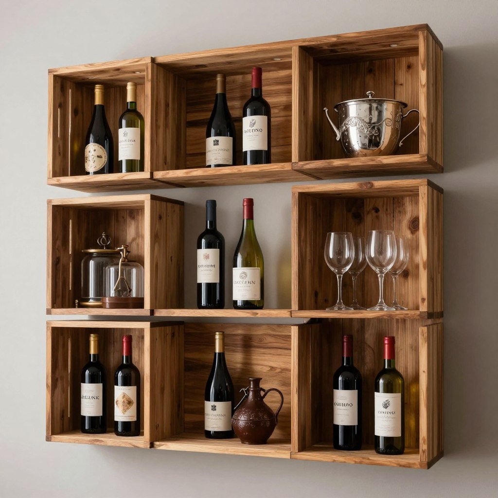 wooden wine crates mounted as bar storage