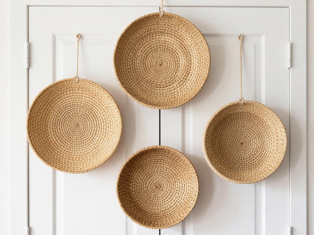 woven baskets arranged on bedroom door as wall decor