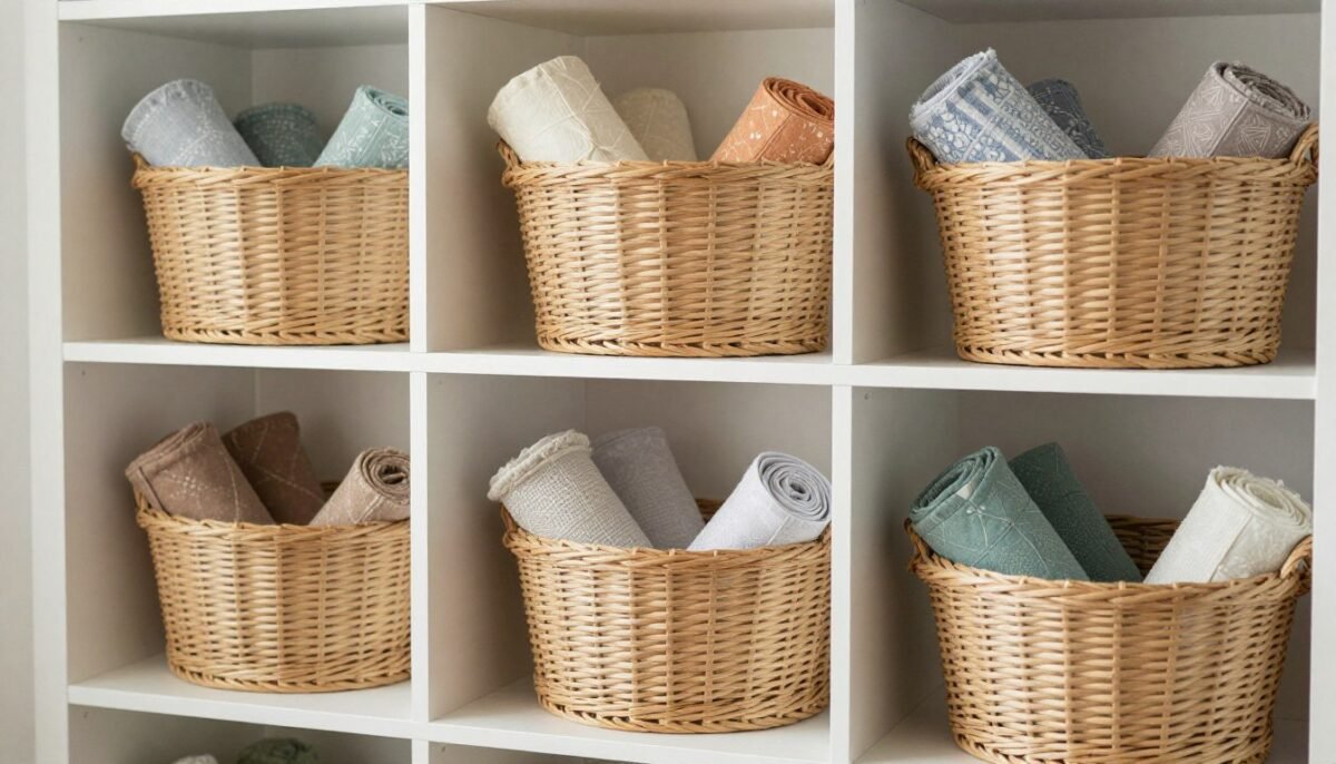 woven baskets on white shelving filled with rolled fabric sorted by color