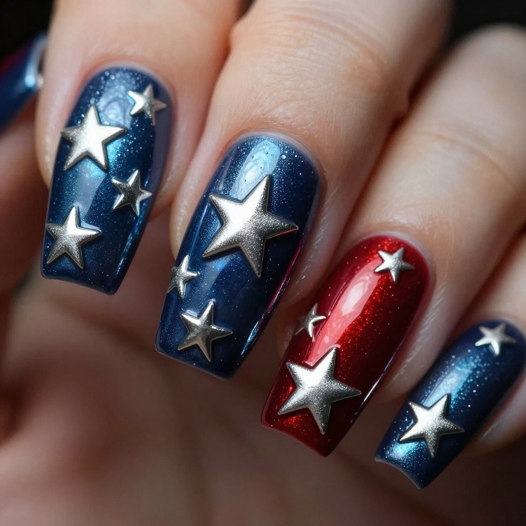 3D star embellishments on patriotic nail design with raised textured stars