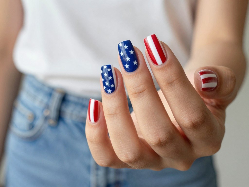 4th of July gel nail designs with vertical red white and blue stripes and star details