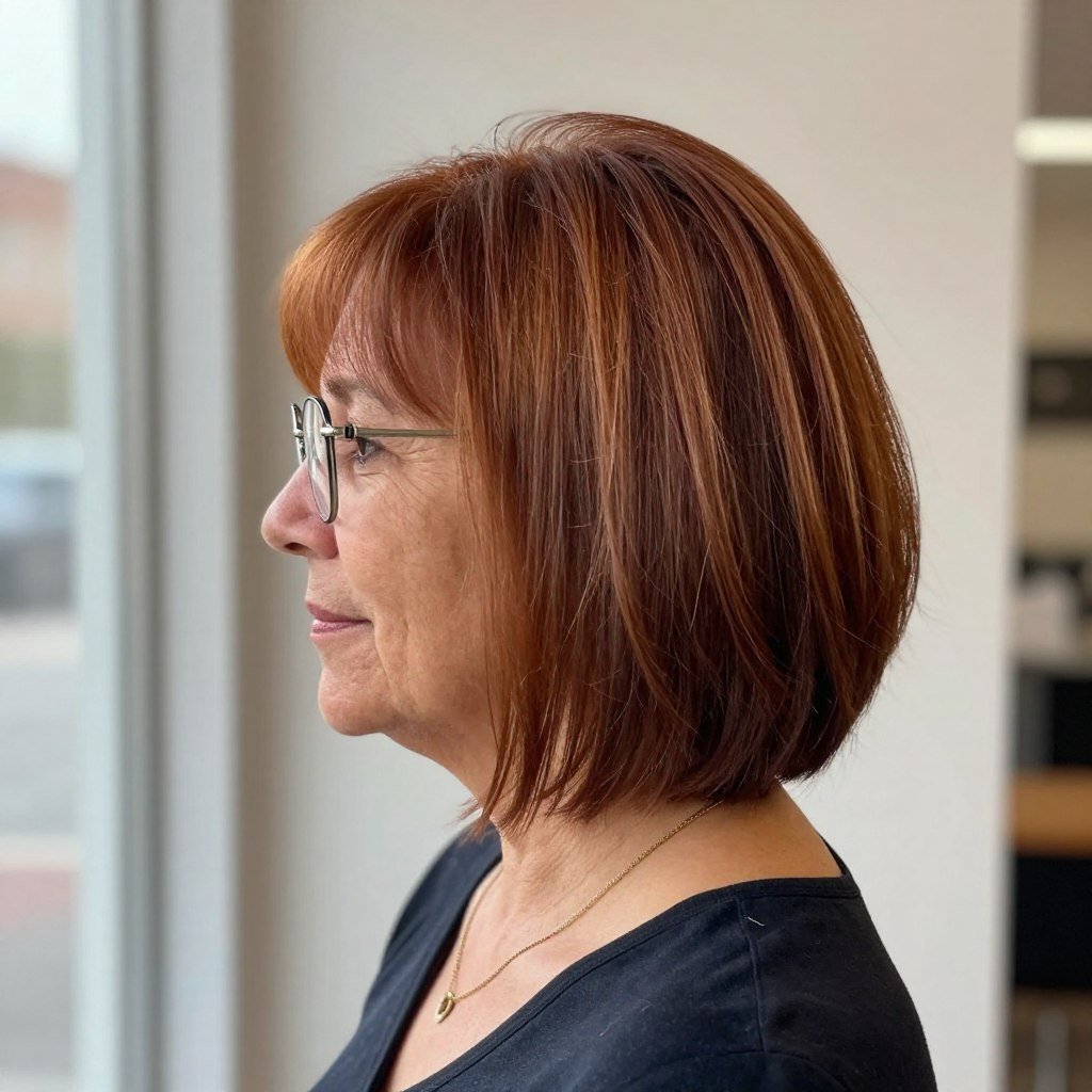 A-line bob cut with wire-rim glasses