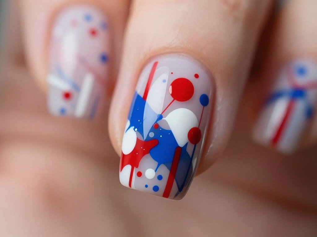 Abstract artistic nail design with patriotic color splashes and shapes
