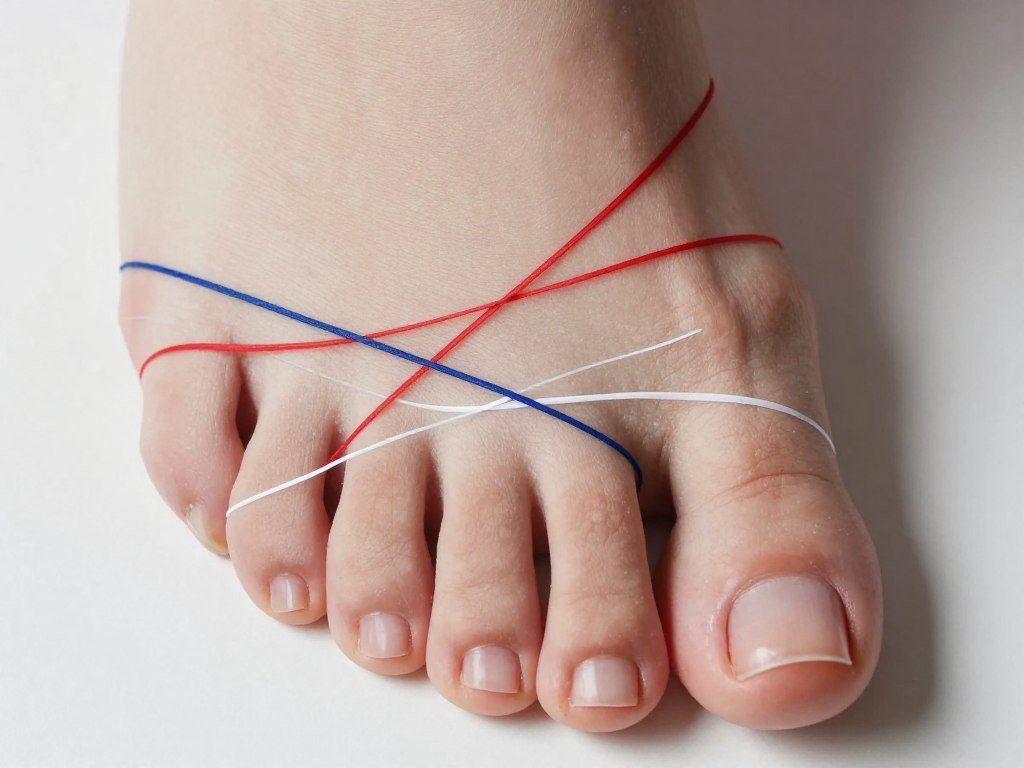 Abstract minimalist line art on toe nails using red white and blue thin stripes