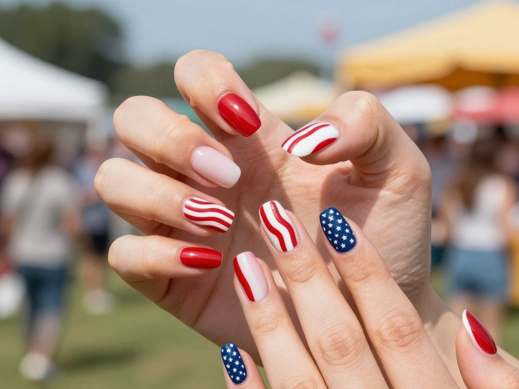 Advanced 4th of July gel nail designs showing curved stripes creating waving flag illusion