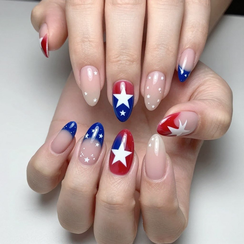 Almond shaped nails with centered star design following natural nail curve