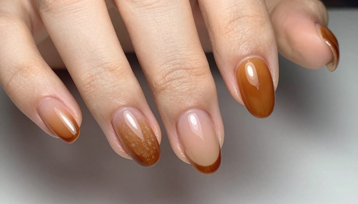 Amber French tips on coffin nails with warm honey-golden tone
