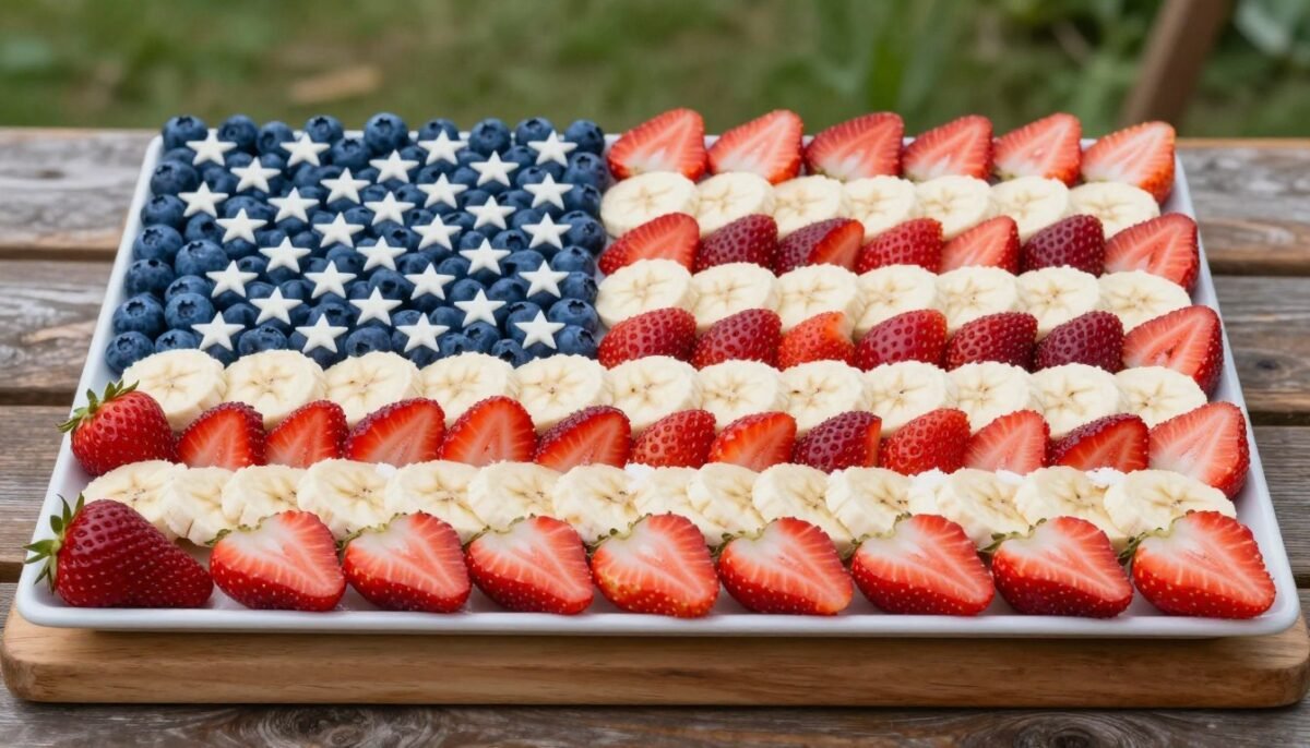 American flag design made from strawberries and blueberries American flag design made from strawberries and blueberries