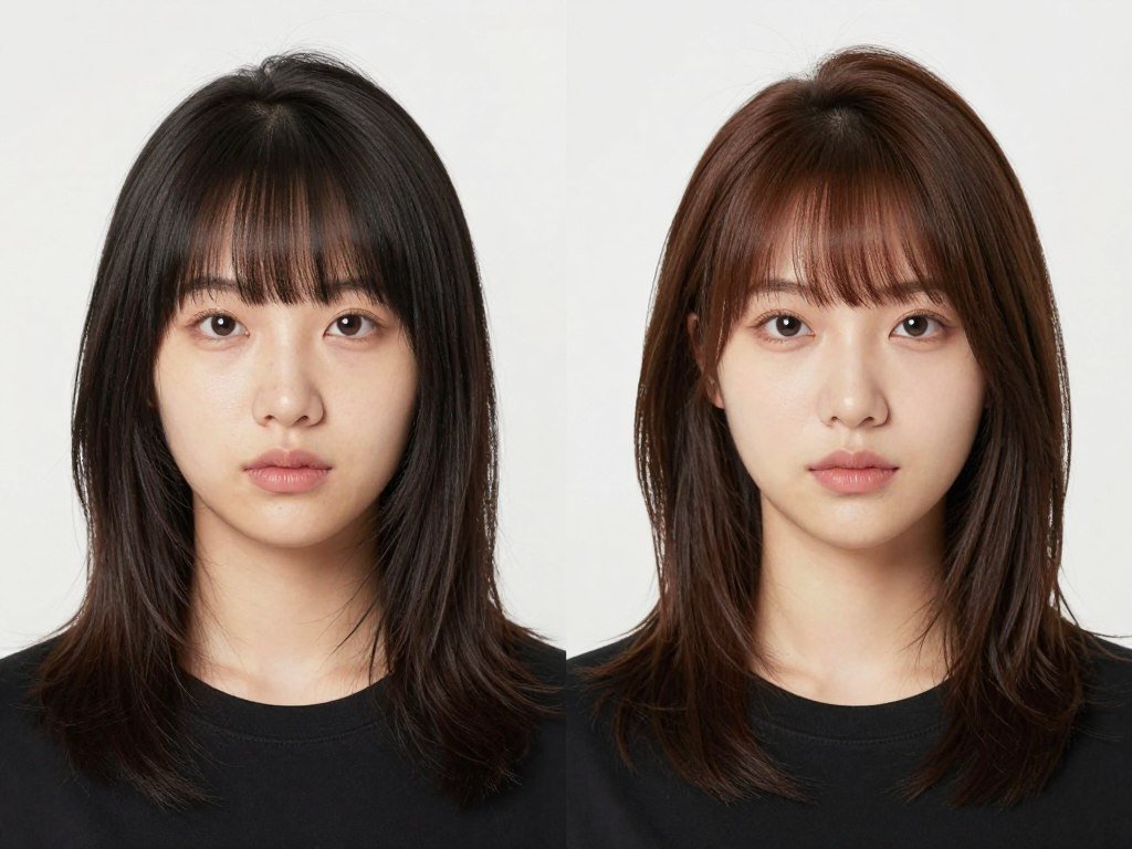 Angled bangs creating length on round face shape