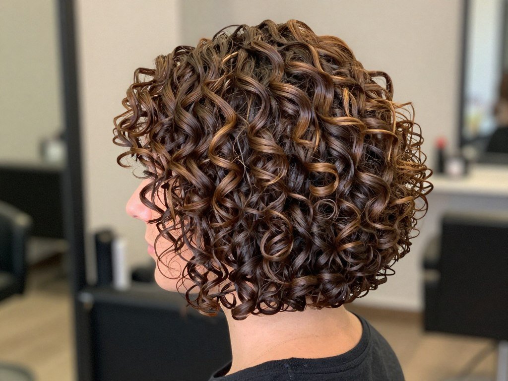 Angled curly bob shorter in back, longer in front