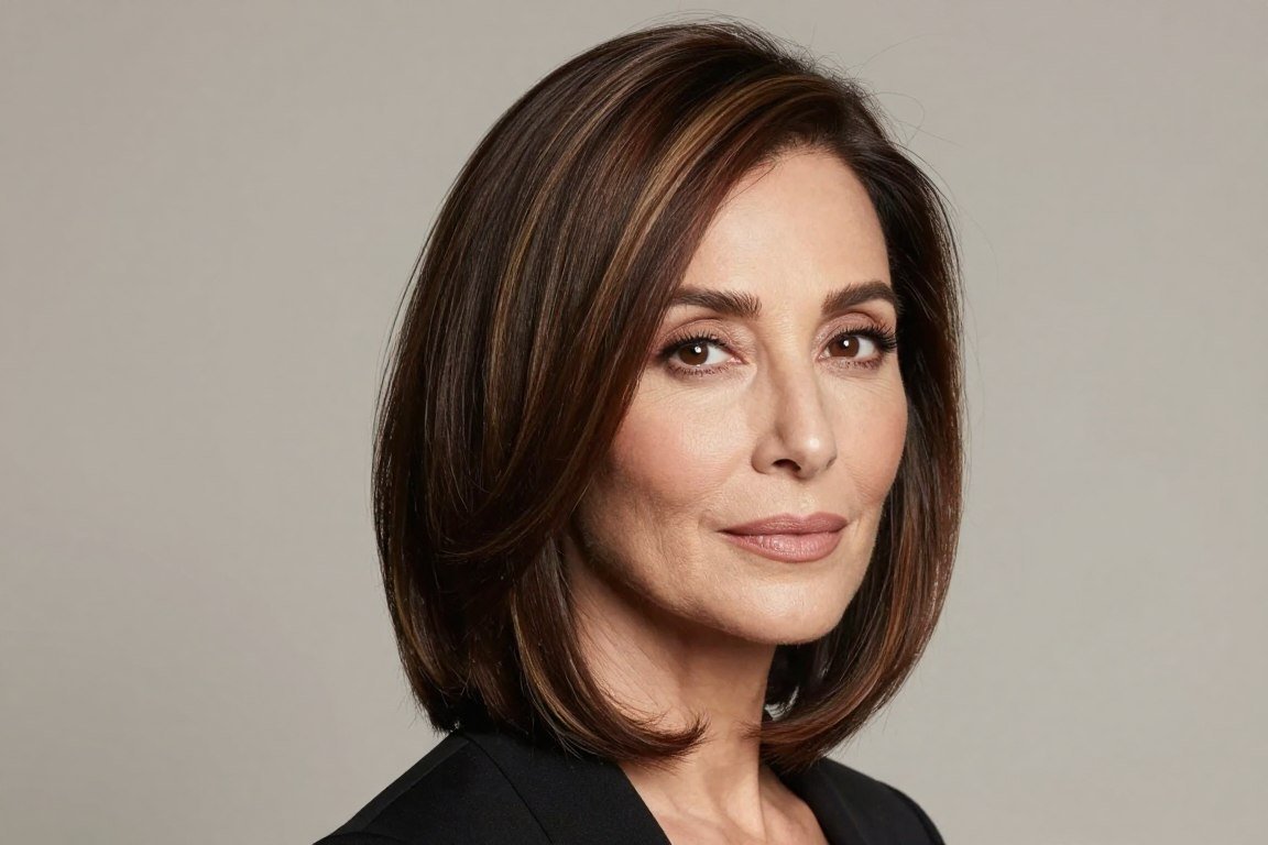 Angled lob haircut showing longer front pieces for mature women