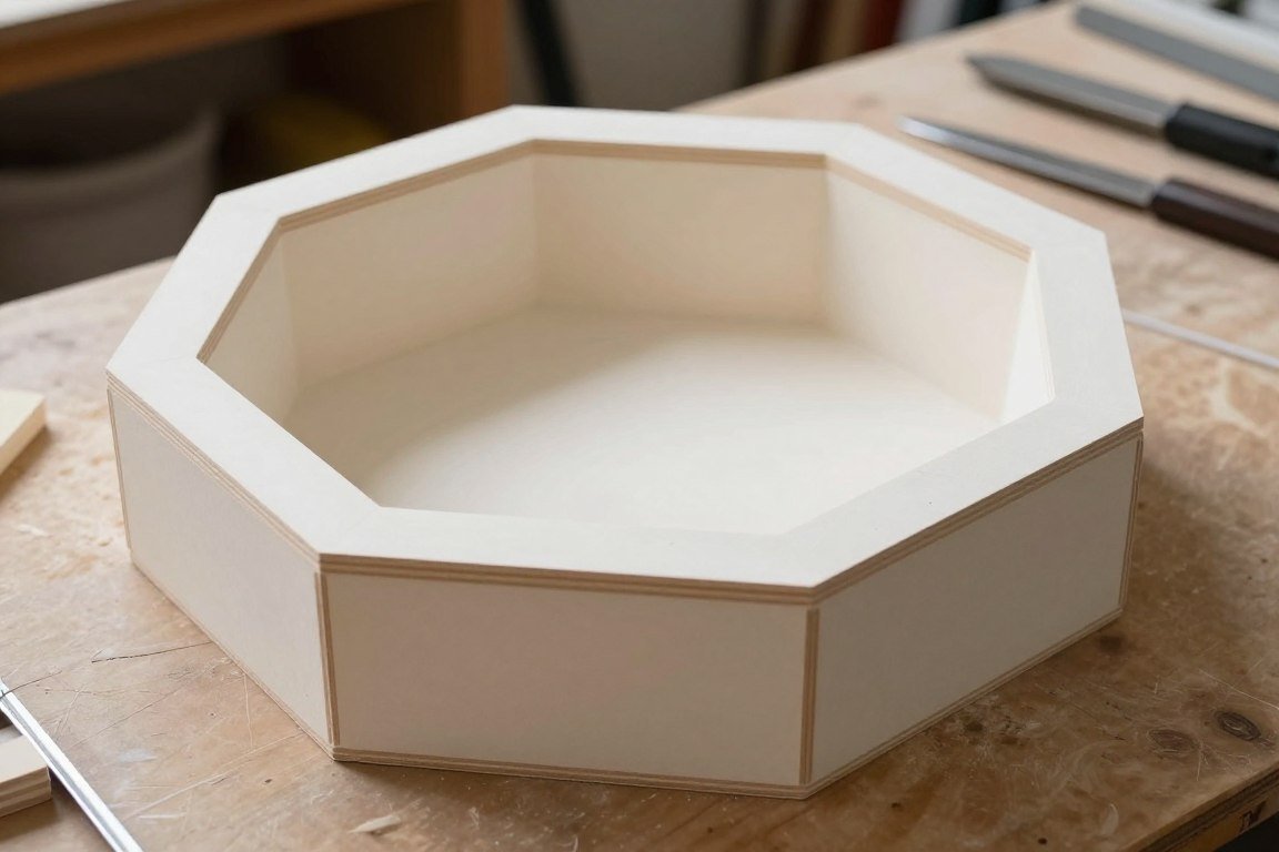 Angular wooden mold for geometric concrete bird bath construction