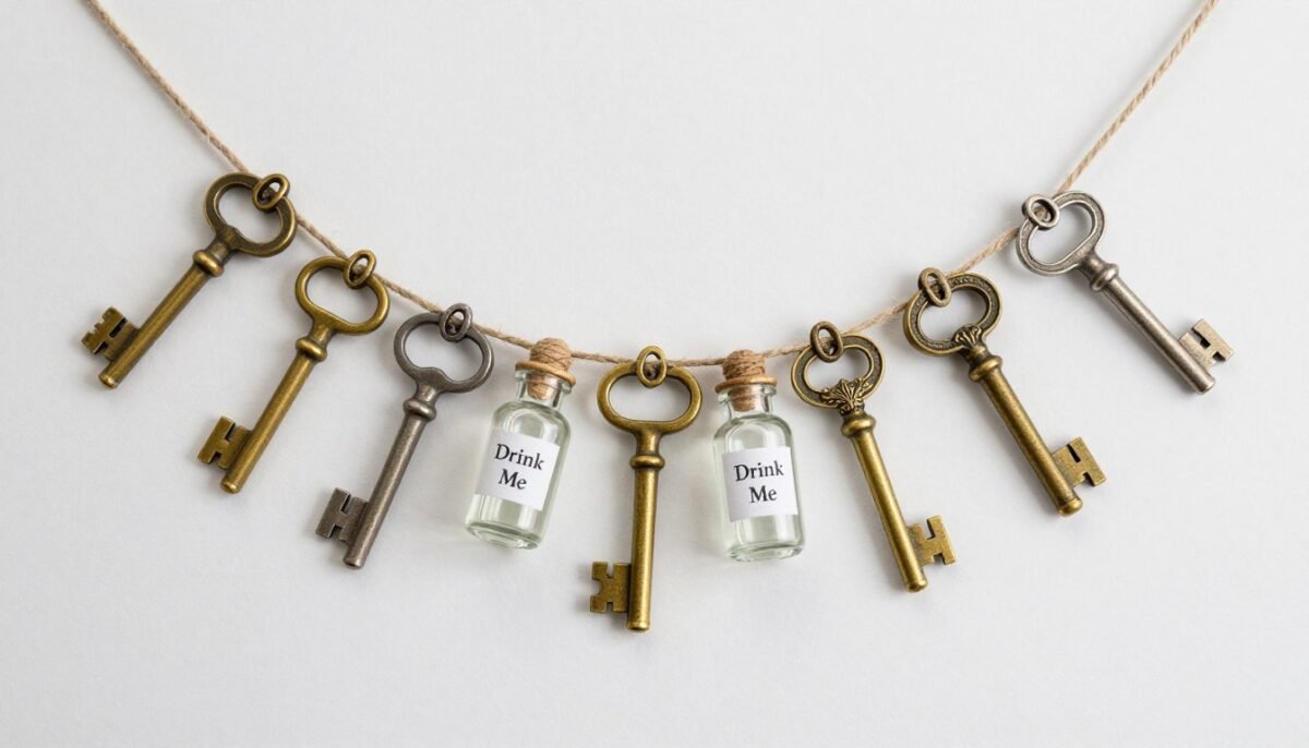Antique keys and miniature bottles strung as garland decoration