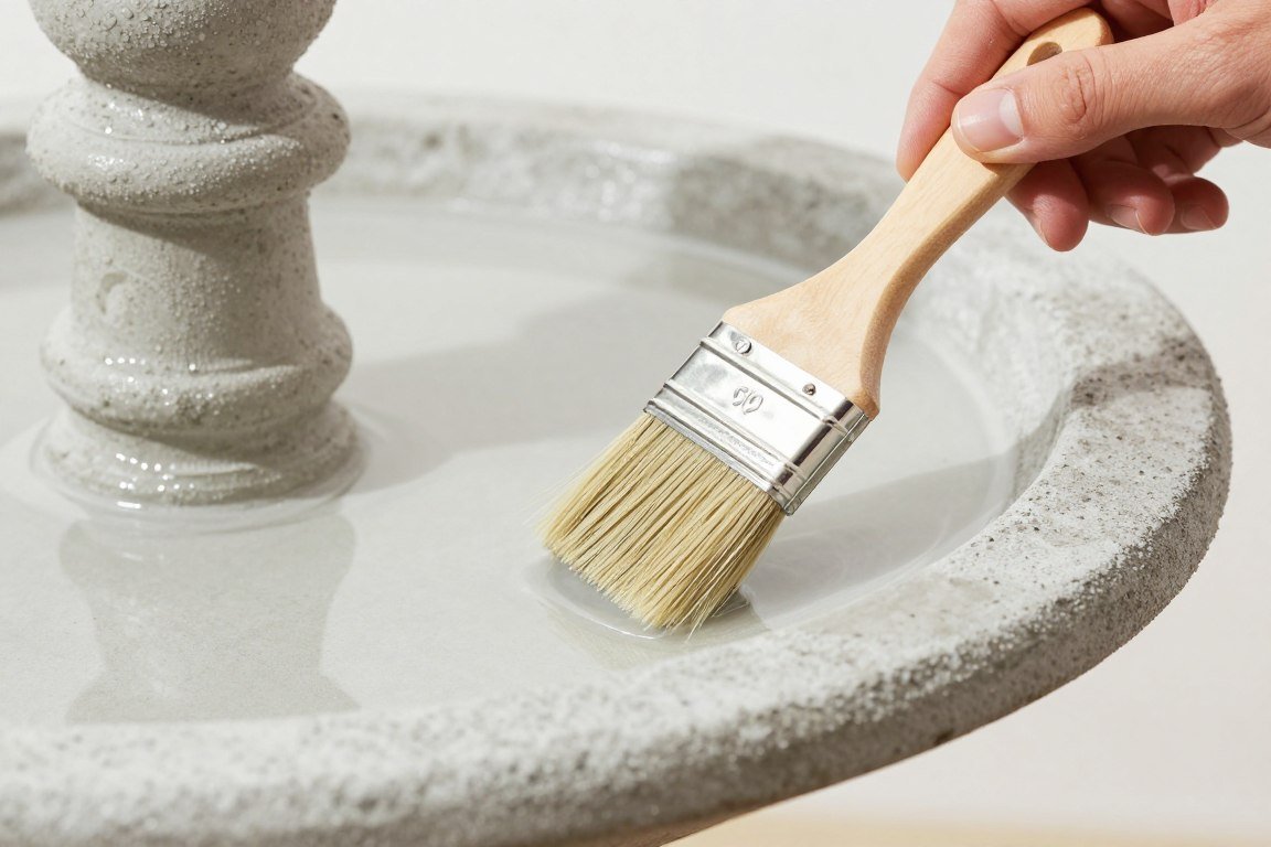 Application of concrete sealer to bird bath surface with brush