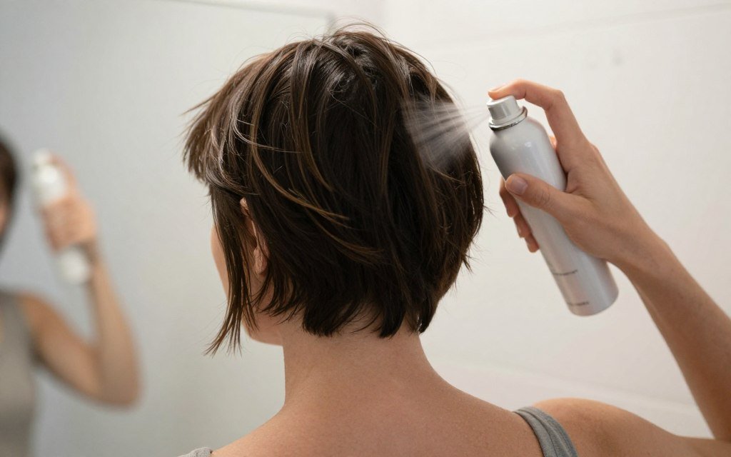 Applying dry shampoo to refresh short choppy haircut between washes