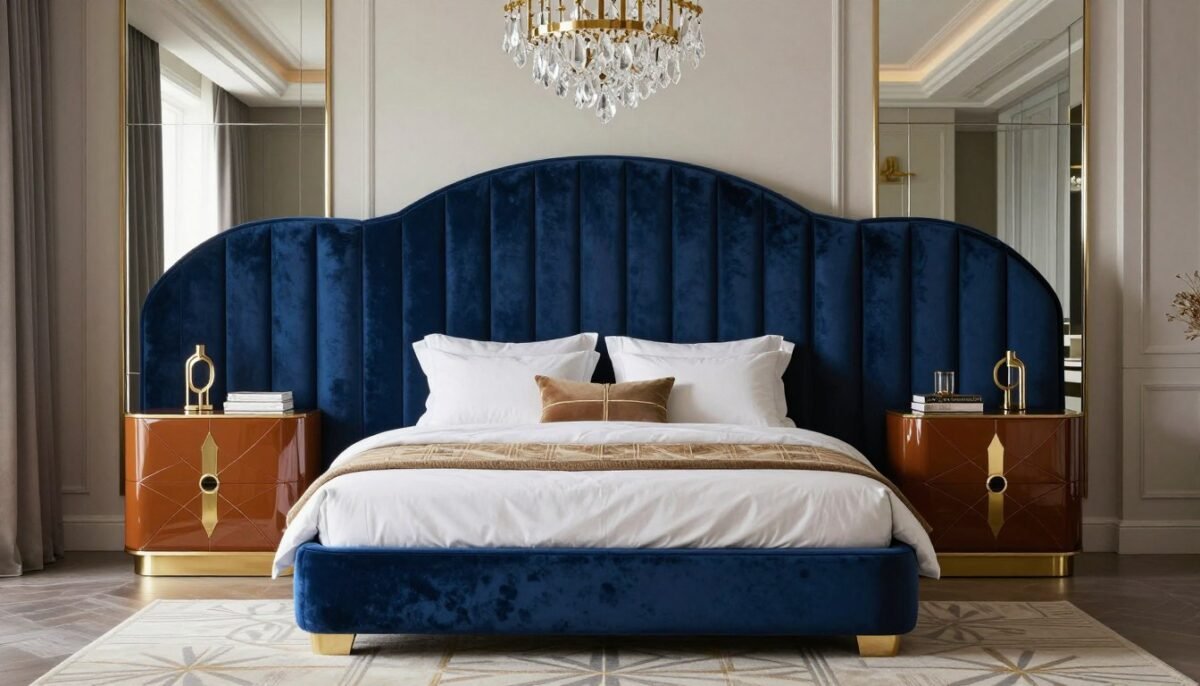 Art Deco bedroom with royal blue velvet headboard and cognac furniture Art Deco bedroom with royal blue velvet headboard and cognac furniture
