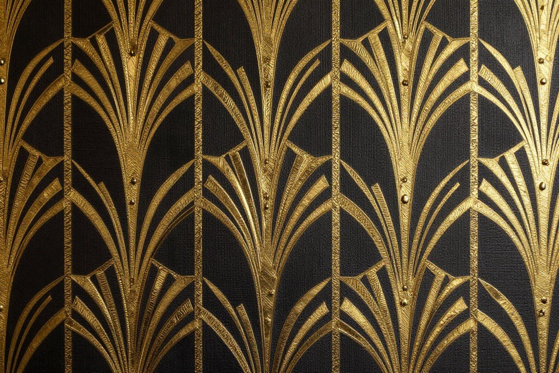Art Deco wallpaper featuring gold geometric fan pattern