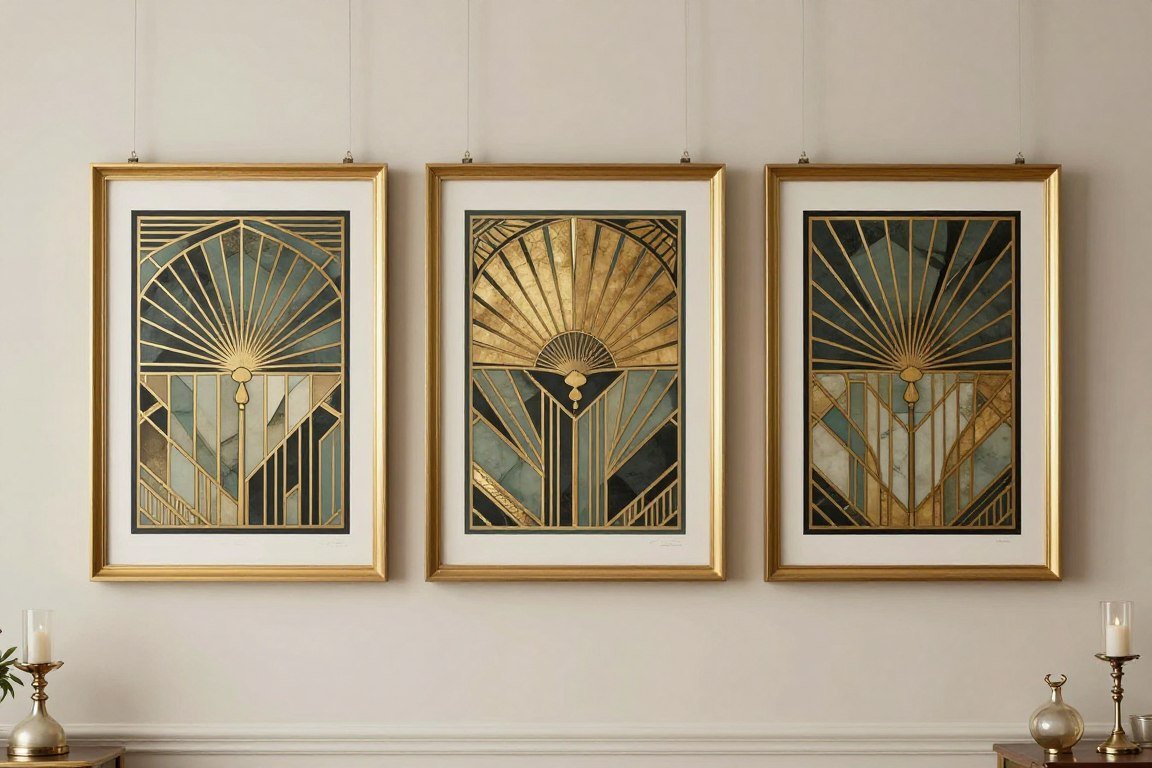 Art deco fan motif prints set bathroom