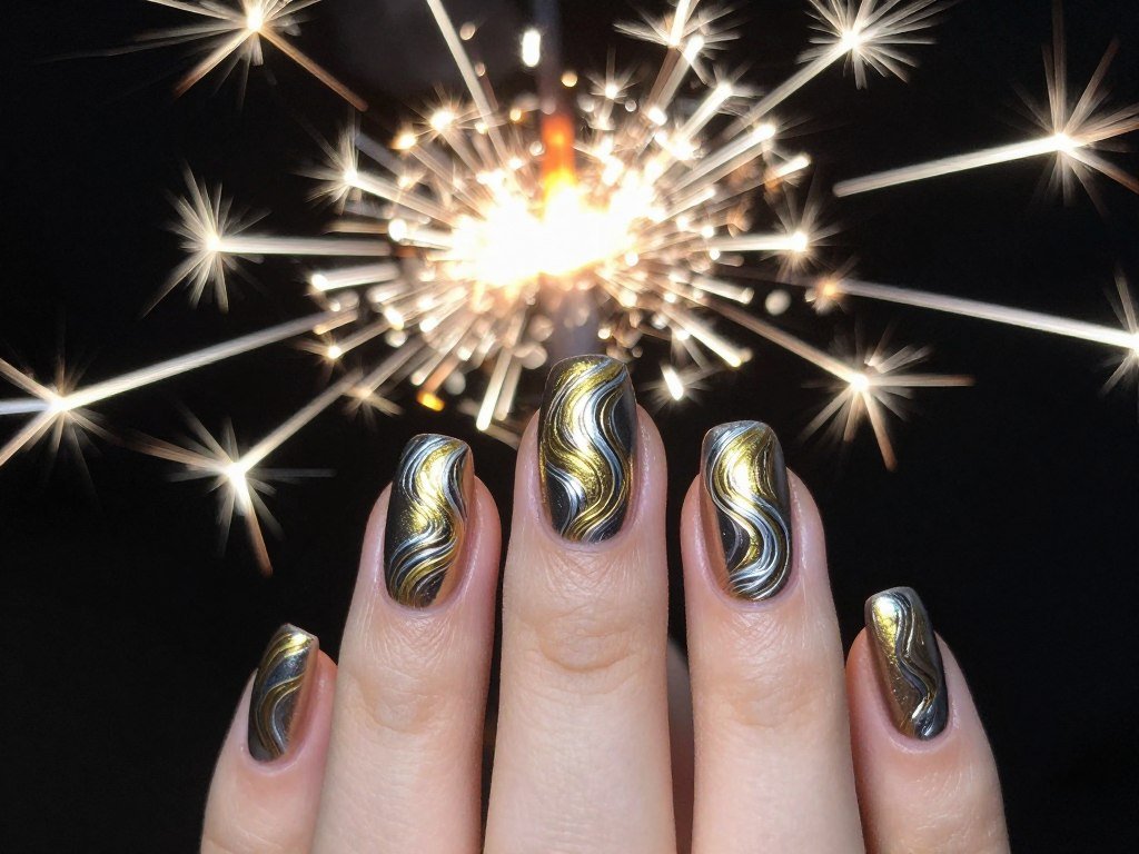 Artistic gel nail designs mimicking sparkler light trails for patriotic manicure
