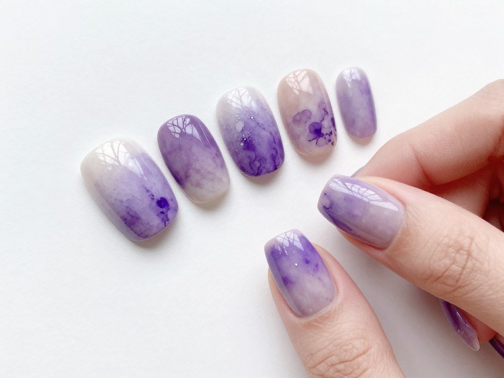 Artistic watercolor effect in lilac and purple shades on nails