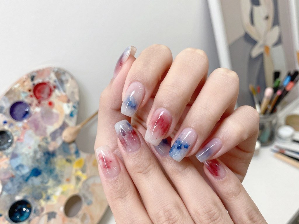 Artistic watercolor gel nail designs blending patriotic colors for Independence Day
