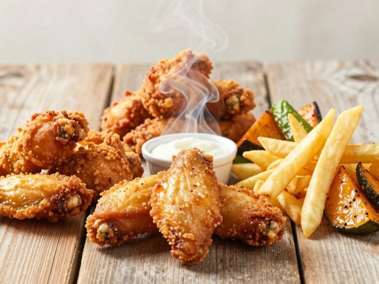Assorted crispy air fryer ninja recipes displayed on a wooden table including chicken wings, fries, and vegetables