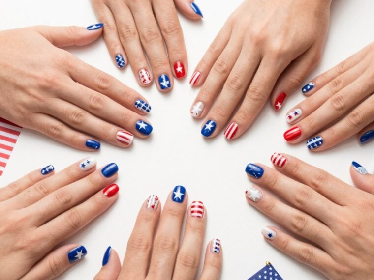 Assorted short 4th of July nails designs featuring red white and blue colors with stars and stripes