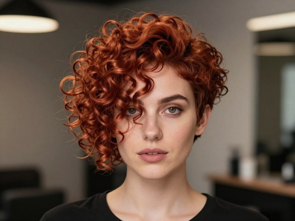 Asymmetrical curly pixie with longer side portion