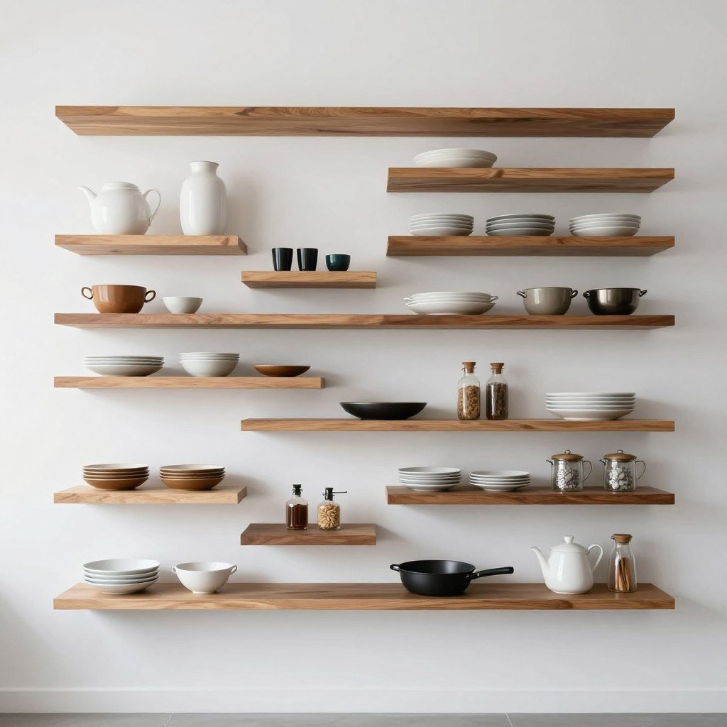 Asymmetrical floating shelves arrangement in contemporary kitchen with varied heights