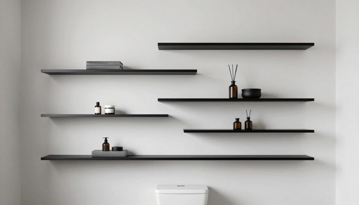 Asymmetrical floating shelves in staggered arrangement above toilet