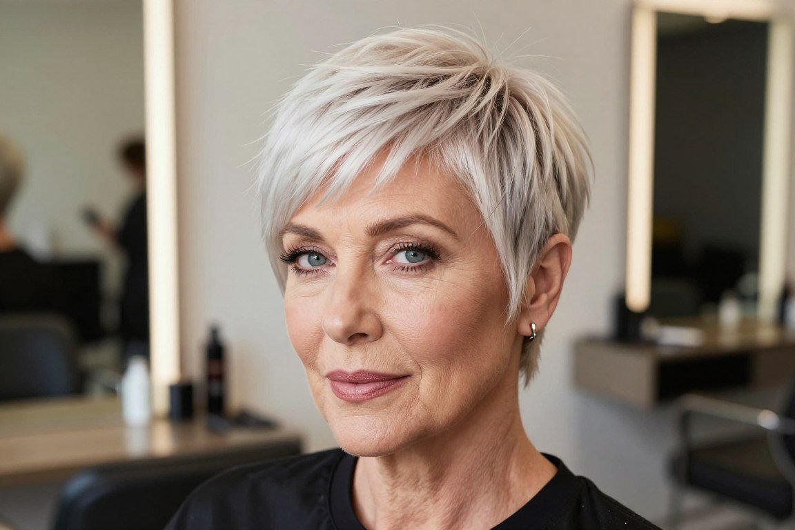 Asymmetrical pixie cut showing dramatic side difference for mature women