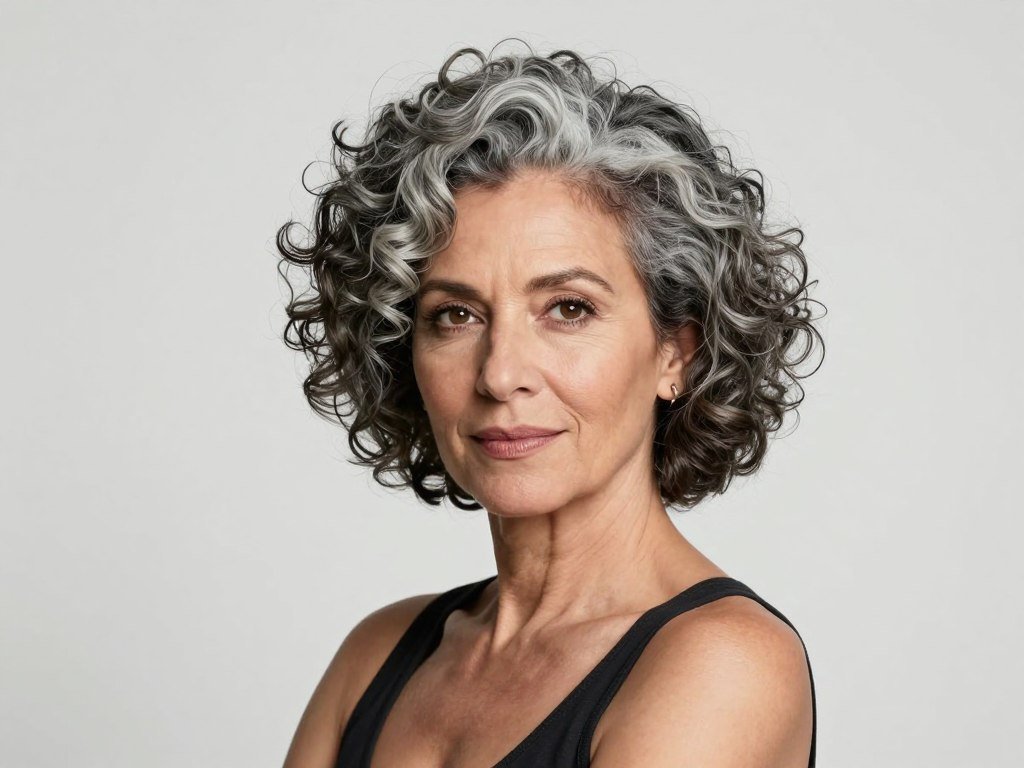 Asymmetrical short curly hairstyle with one side longer