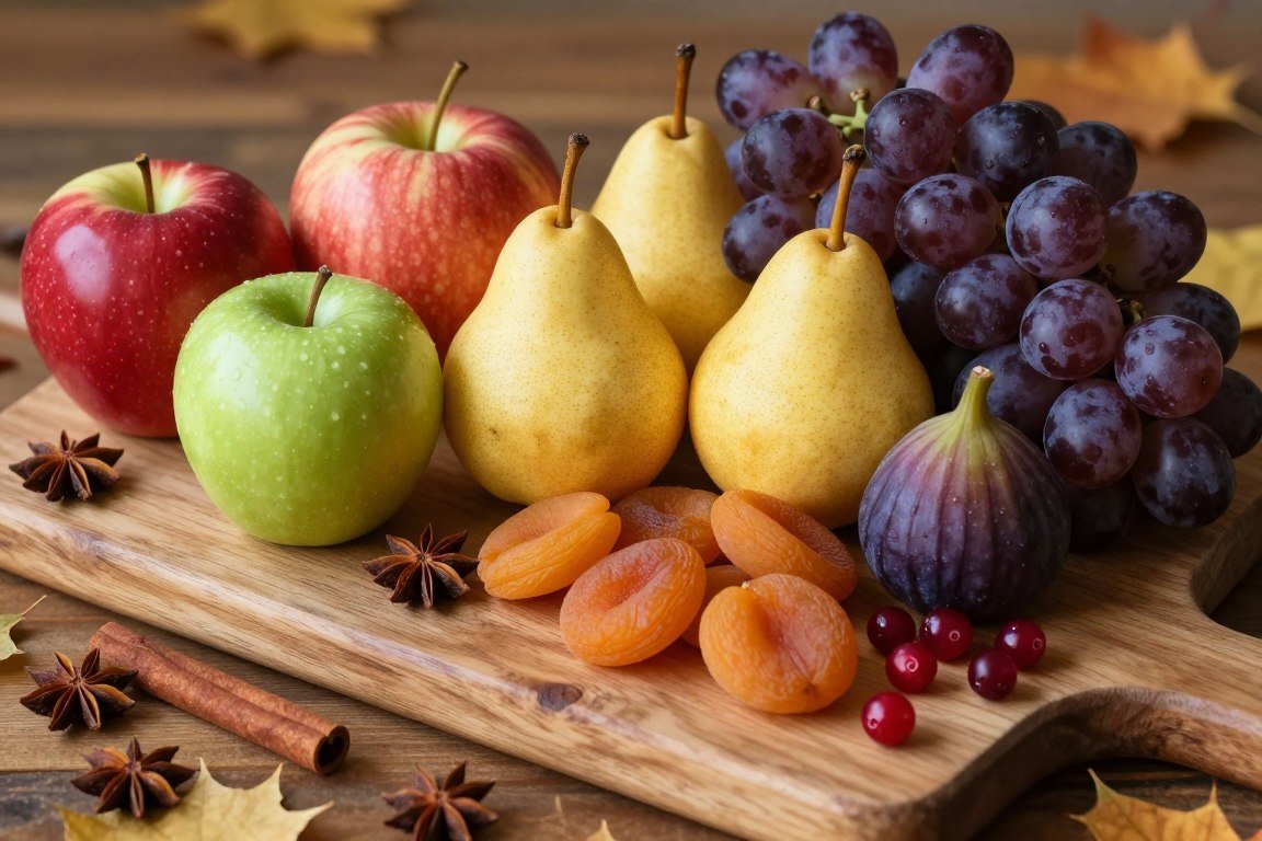 Autumn harvest fruit display with apples and pears