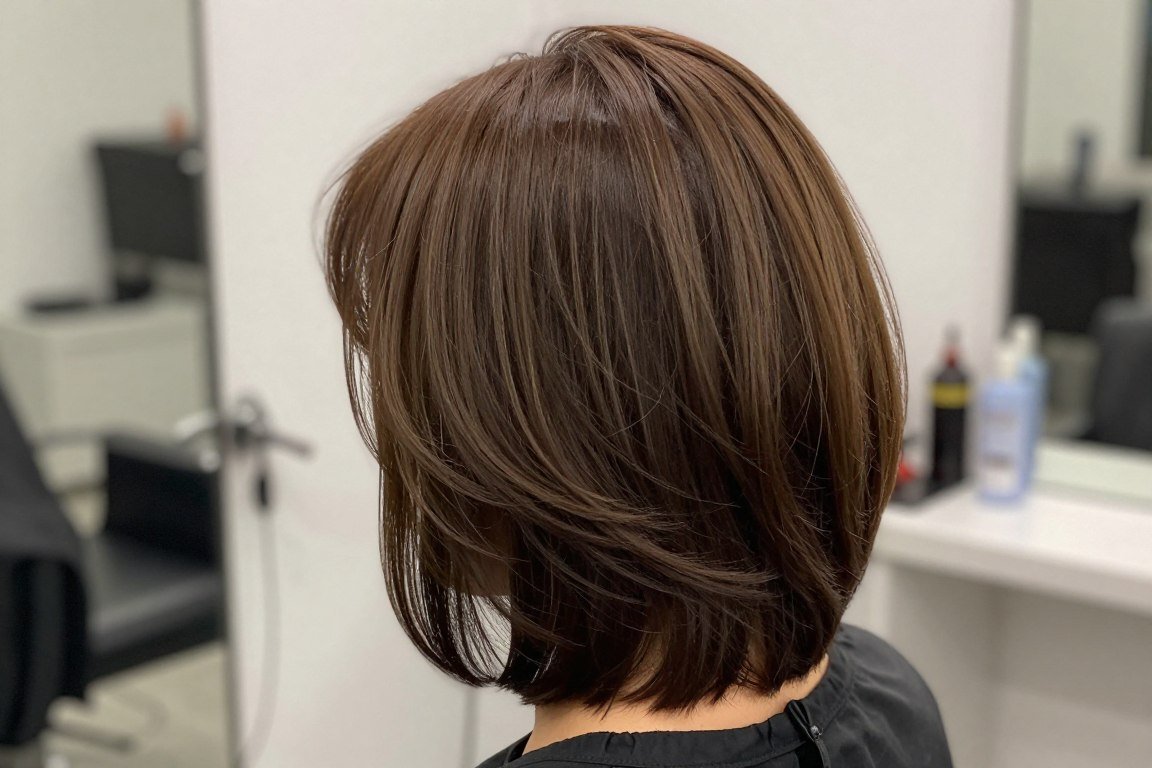 Back view choppy graduated bob revealing stacked layers