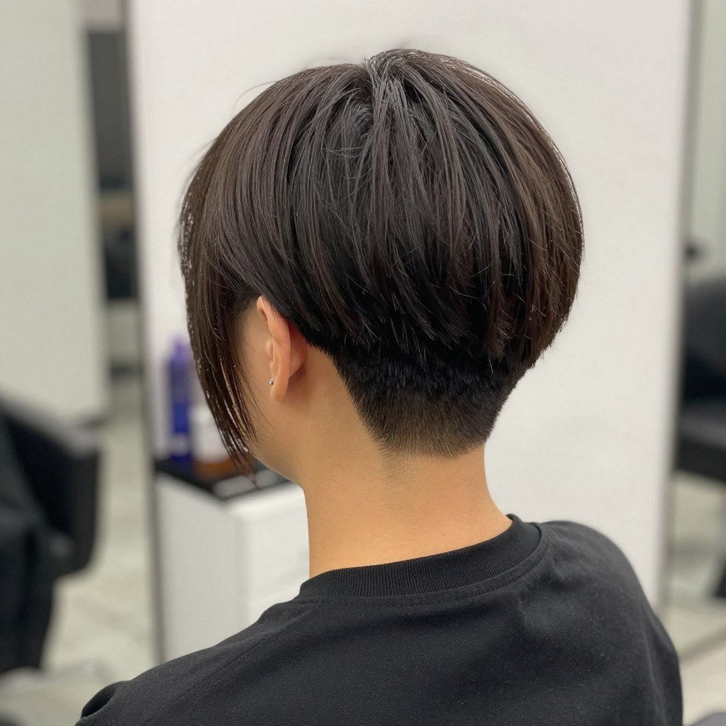 Back view of asymmetrical choppy bob revealing undercut pattern