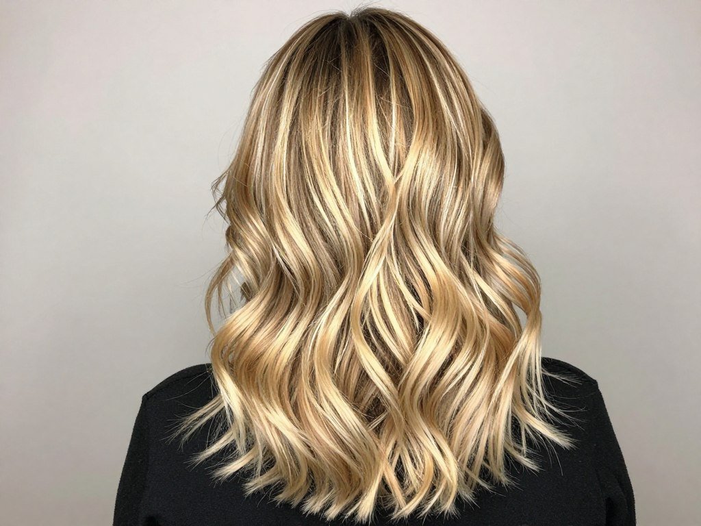 Back view of wavy shag with blonde highlights showing color distribution