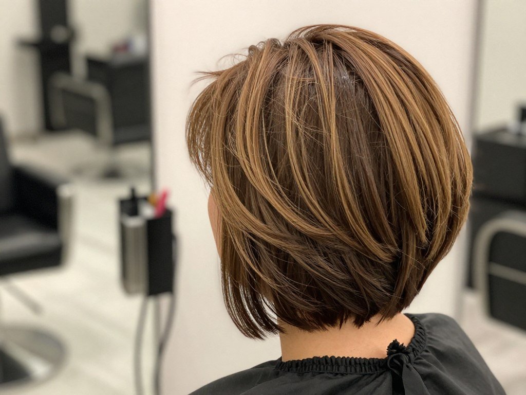 Balayage color technique on short choppy haircut