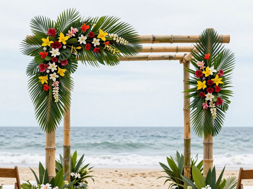 Bamboo wedding arch with tropical flowers