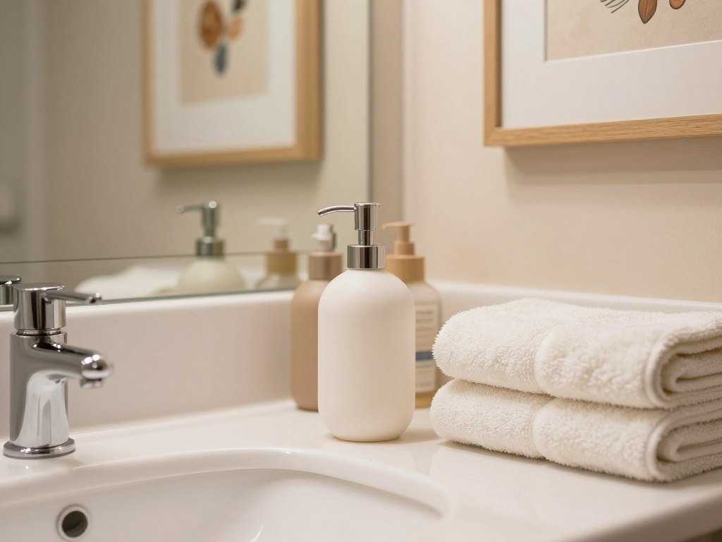 Bathroom accessories coordinated with wall art