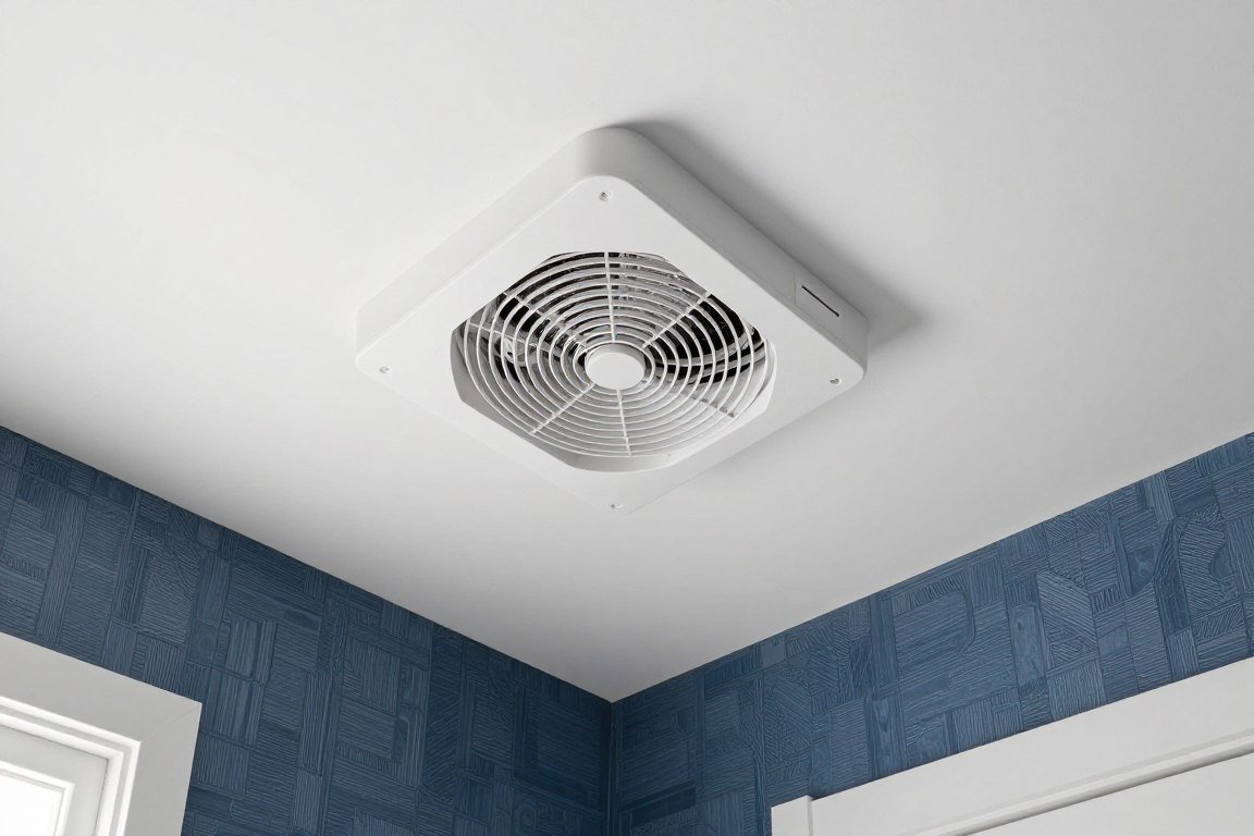 Bathroom exhaust fan on ceiling above wallpapered walls
