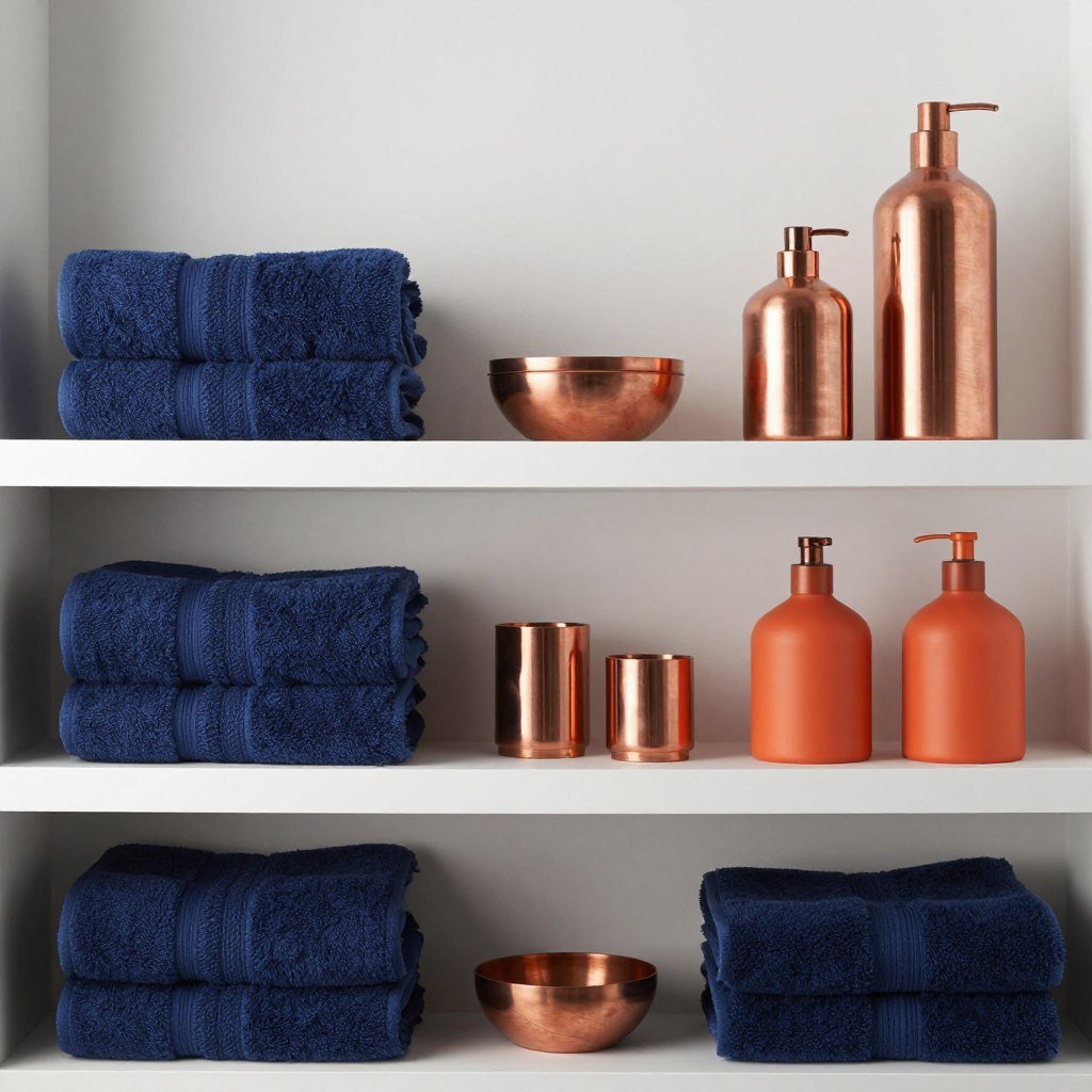 Bathroom shelf with blue and orange complementary color scheme