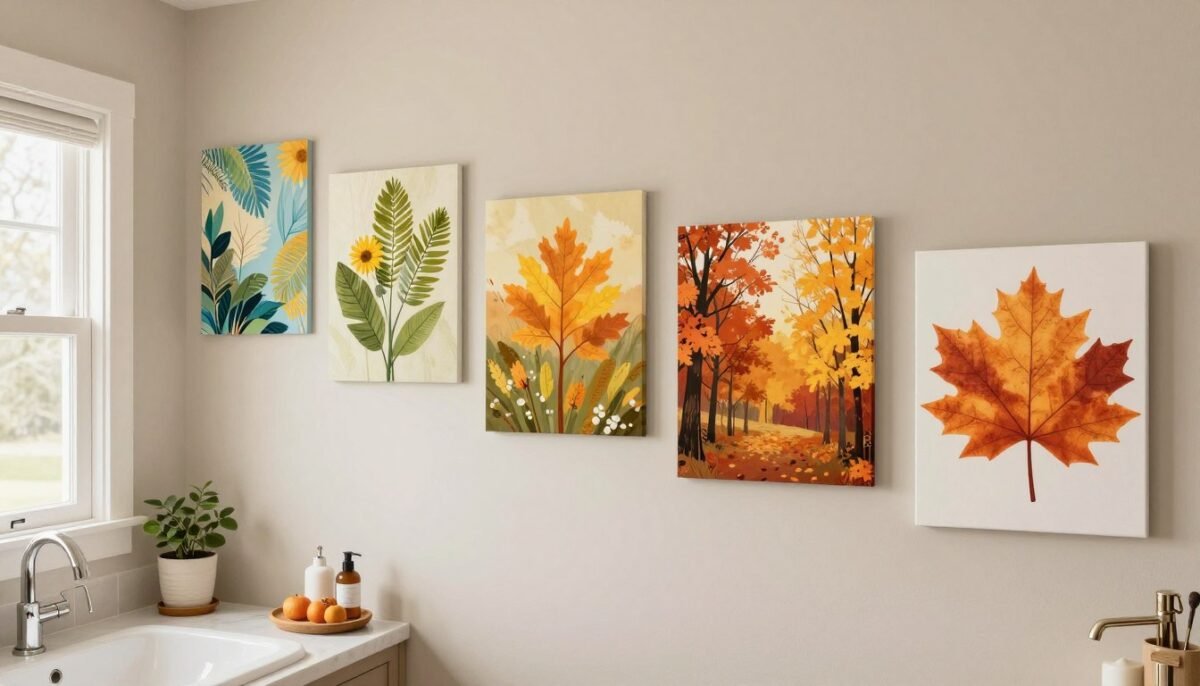 Bathroom with seasonal wall art display