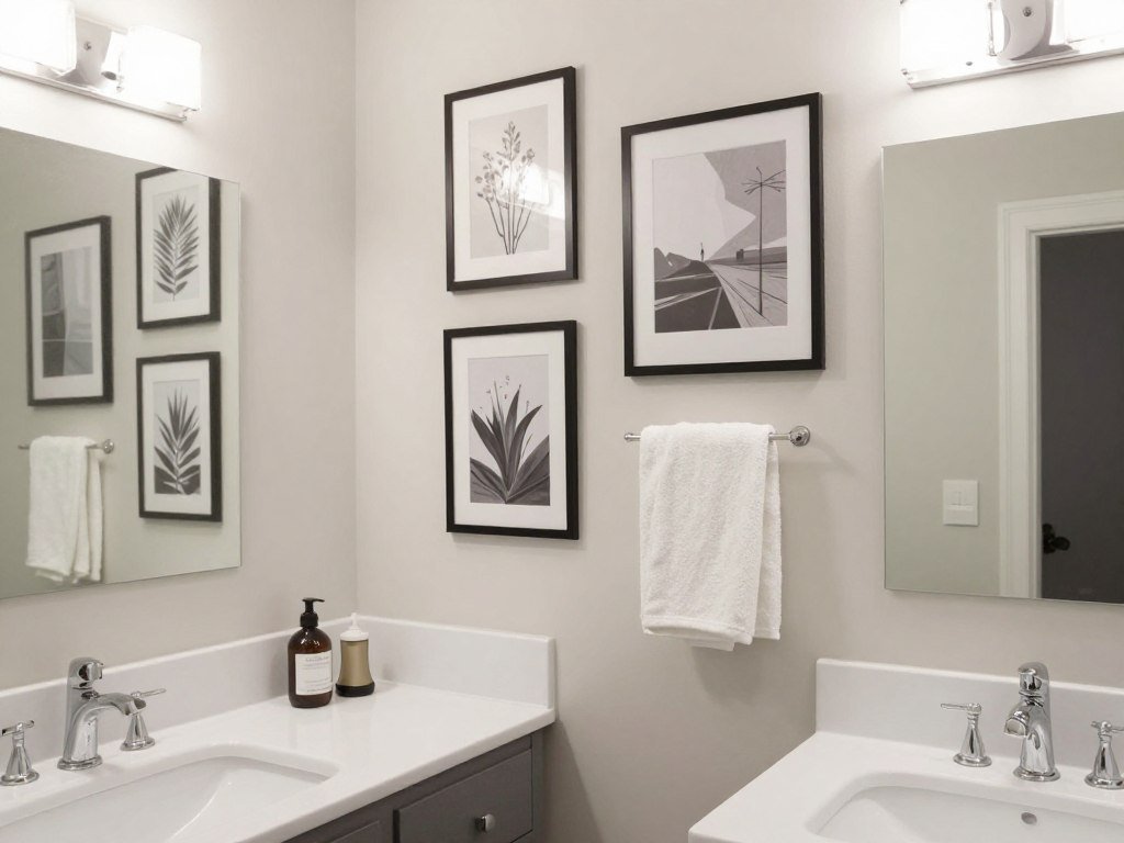Bathroom with well-maintained wall art collection