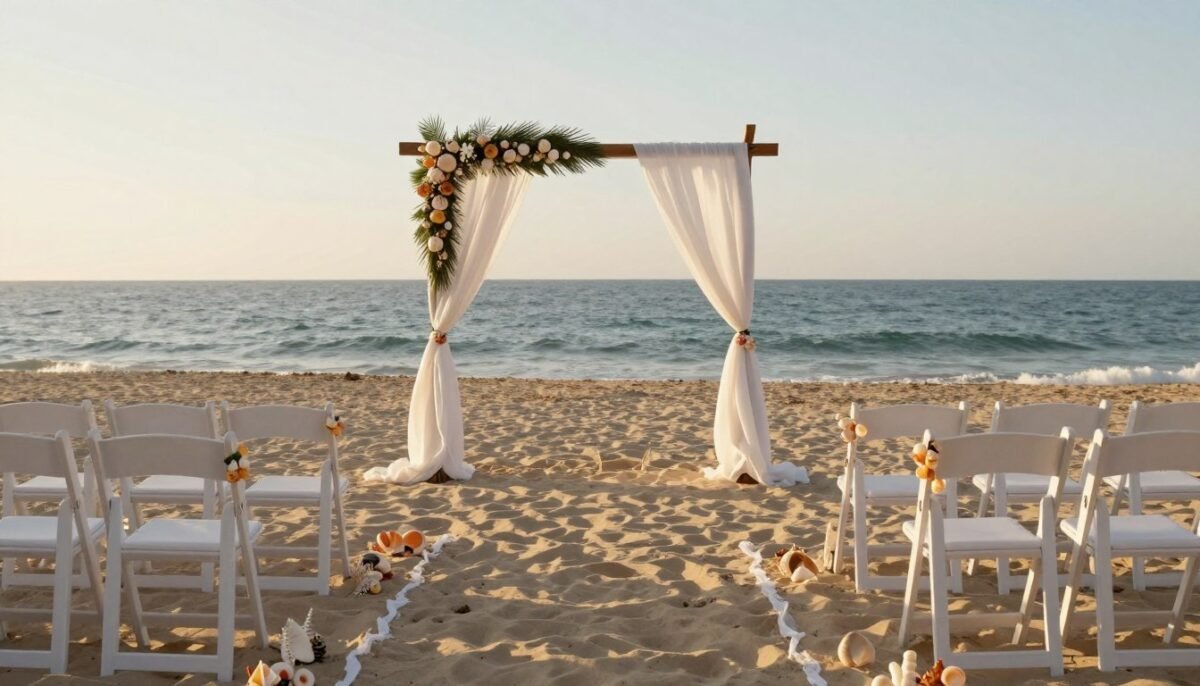 Beach wedding ceremony setup with ocean view
