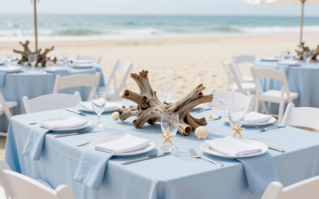 Beach wedding reception table with coastal decor
