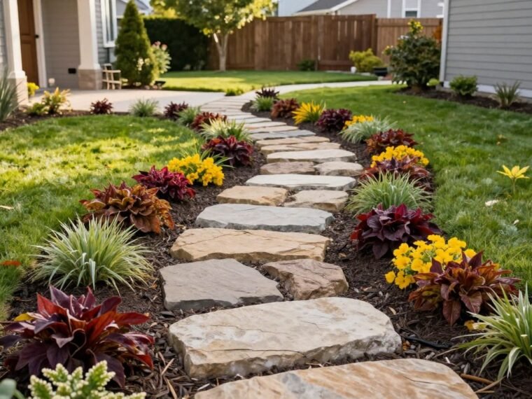 Beautiful DIY garden walkway with stepping stones and border plants