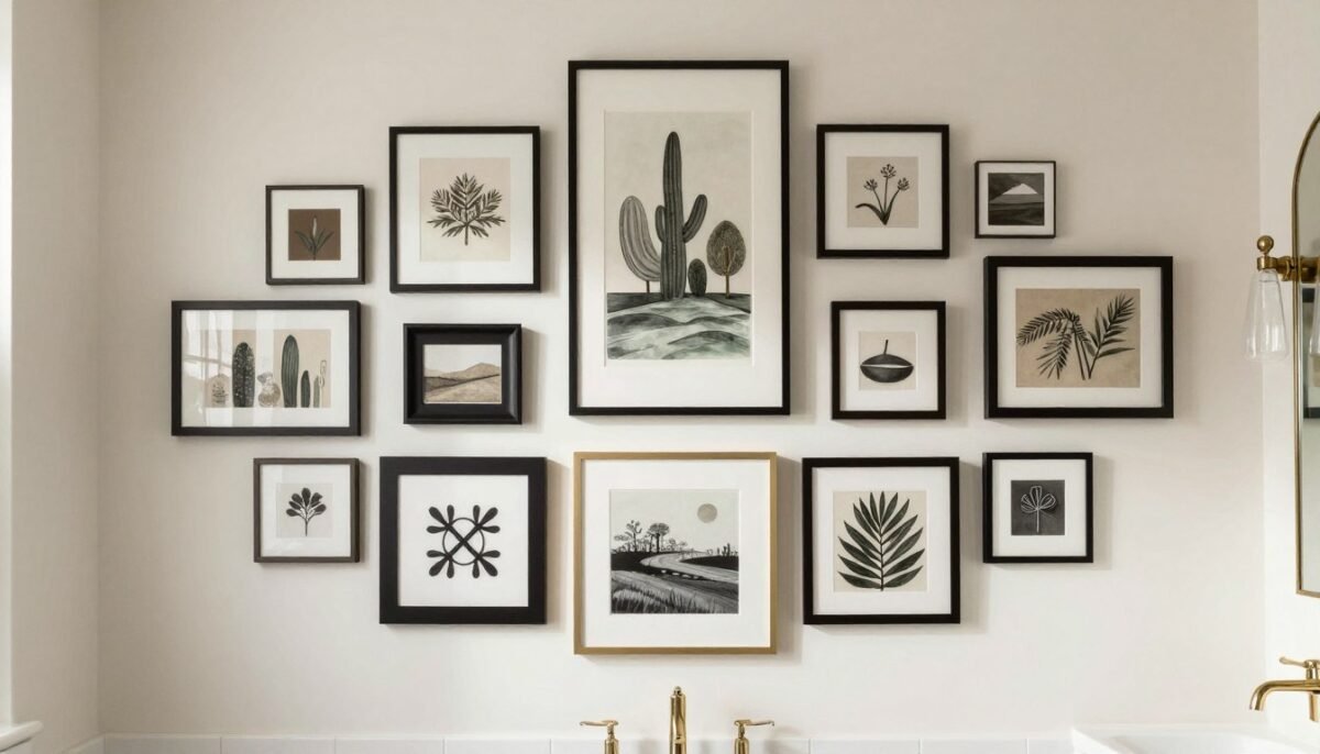 Beautiful cohesive gallery wall in spa bathroom
