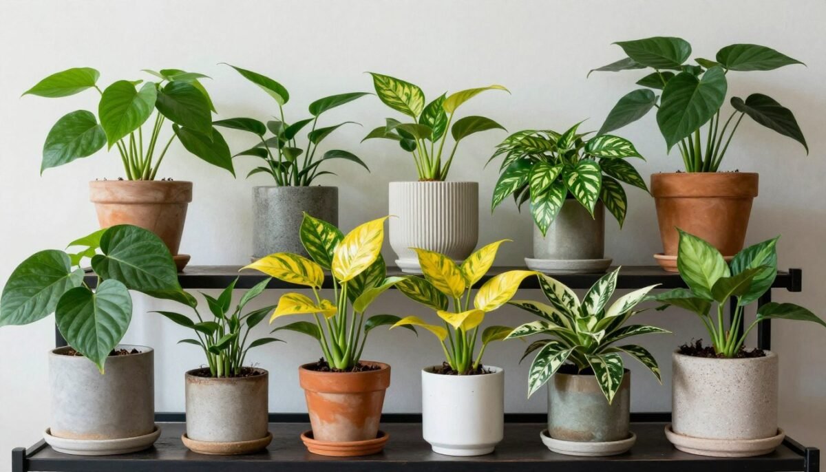 Beautiful collection of various pothos varieties displayed together in home setting